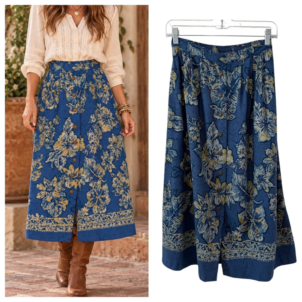 Vintage Alfred Dunner 100% Raw Silk Floral Button Front Midi Skirt Size 6P Blue